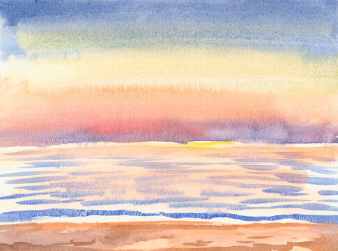 Watercolor seascape, sunset and mountains. Hand drawn nature background. Painting summer illustration