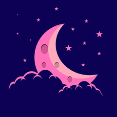 Obraz na płótnie Canvas Flat style illustration pink moon stars and pink clouds background design. Good to use for banner, social media template, poster and flyer template, etc.