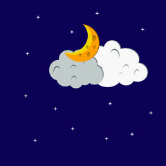 Flat style illustration yellow moon, white stars and white grey clouds background design. Good to use for banner, social media template, poster and flyer template, etc.