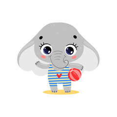 Flat illustration of cute cartoon summer tropical animals on the beach. Baby elephant with beach ball