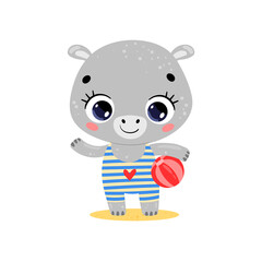 Flat illustration of cute cartoon summer tropical animals on the beach. Baby hippo with a beach ball