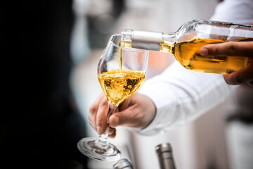 The waiter serves rose and white wine from the wine bottle in the wine glass at an event.