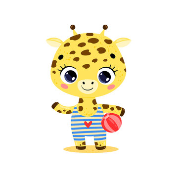 Flat illustration of cute cartoon summer tropical animals on the beach. Baby giraffe with beach ball