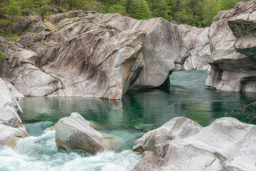 The picturesque valley of the river Verzasca attracts tourists from all over the world, canton Ticino, Switzerland.