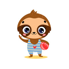 Flat vector illustration of cute cartoon summer tropical animals on the beach. Baby Sloth with Beach Ball