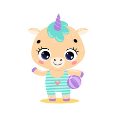 Flat illustration of cute cartoon summer tropical animals on the beach. Baby pony unicorn with beach ball