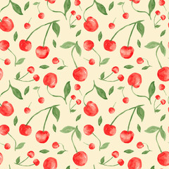 Red cherry berries - seamless pattern, watercolor painting isolated on yellow background