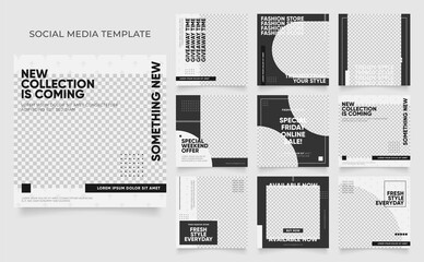 social media template banner blog fashion sale promotion. fully editable instagram and facebook square post frame puzzle organic sale poster. black white element shape vector background
