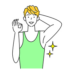 わき毛を脱毛し綺麗になった脇の下を見せている笑顔の可愛い男性 イラスト ベクター