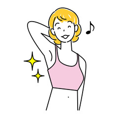 ムダ毛（わき毛）を脱毛し綺麗になった脇の下を見せている笑顔の可愛い女性 イラスト ベクター