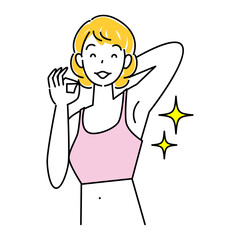 ムダ毛（わき毛）を脱毛し綺麗になった脇の下を見せている笑顔の可愛い女性 イラスト ベクター