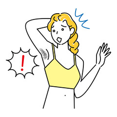 ムダ毛（わき毛）を気にする可愛い女性 イラスト シンプル ベクター
Cute woman worrying about unwanted hair (armpit hair). Illustration. Simple.Vector.