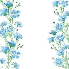 Fototapeta na wymiar Watercolor hand painted nature floral banner frame with blue linen flax blossom flowers on green branches bouquet on the white background for invite and greeting card with space for text
