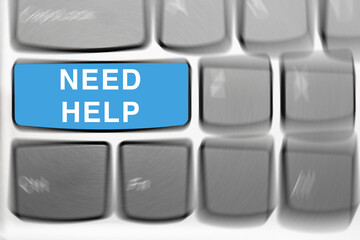 Keyboard with blue need help key. Close up of a computer keyboard. One key is light blue with the word Need help on it. Radial blur effect applied to the image.