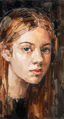 Oil painting. Portrait of a  red-haired girl. The art is done in a realistic manner.
