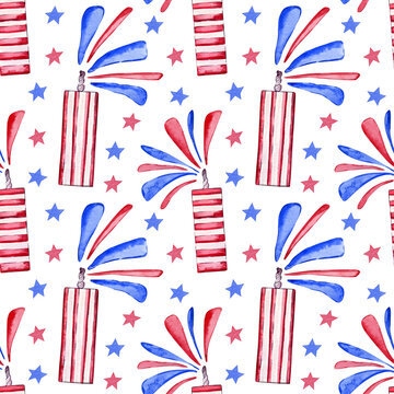 American blue and red candles and stars. Hand-drawn Seamless watercolor pattern. Patriotic design for paper, boxes, fabric. Illustration for Independence Day in the USA on 4th of July