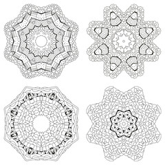 Hand drawn zentangle set of 4 mandalas for coloring page.