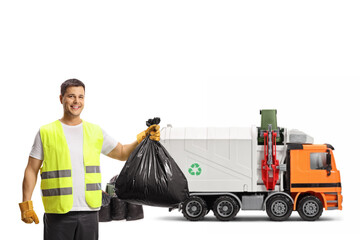 Garbage man with a plastic bag and a garbage truck