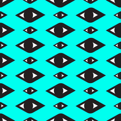 Eye patterns on blue turquoise background, Abstract vector wallpaper, Seamless pattern background.