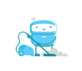 Robot with vacuum cleaner. Housework cleaning service. Artificial Intelligence. Vector illustration.