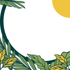 border social media background for summer with sun, monstera leaves, and palm.