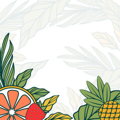 social media background for summer with tropical leaves, oranges, pineapples, and strawberries. food and beverage background for social media content. 