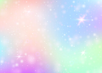 Magic background with rainbow mesh. Colorful universe banner in princess colors. Fantasy gradient backdrop with hologram. Holographic magic background with fairy sparkles, stars and blurs.