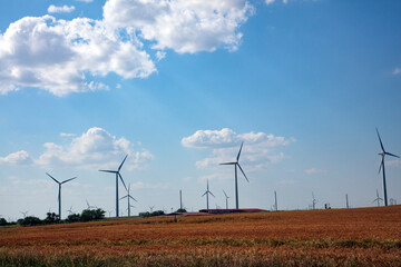 Wind Turbine farm in an expansive green field with blue sky with puffy clouds