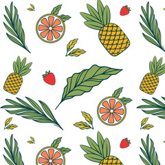 summer seamless pattern with tropical leaves, orange, pineapple, and strawberry