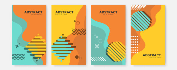 Obraz premium Orange yellow green abstract geometric stories background. Modern colored background. Dynamic geometric shape abstract background design. Simple line object with modern trendy fresh yellow gradient