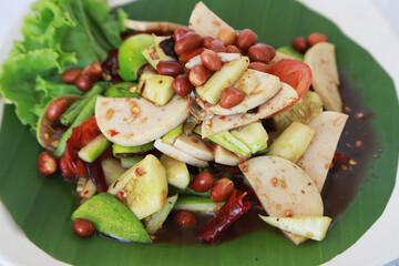 Spicy salad Vietnamese Sausage Salad with Cucumber favorite food in Thailand and homemade in restaurant 