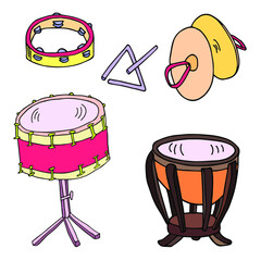 Fototapeta na wymiar Percussion instruments vector set. Snare drum, cymbals, tambourine, timpani, triangle sketch.