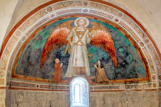 Ancient frescoes into the Crypt of San Ponziano in Spoleto, Umbria, 15th century