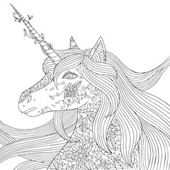 Beautiful unicorn coloring book page for adult. Fantasy horse with horn for meditation and antistress with doodle and zentangle elements. Vector outline illustration.