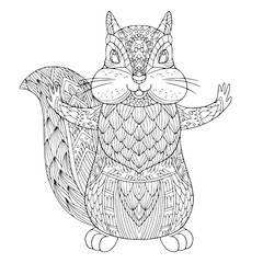 Cheerful chipmunk with furry tail. Fairy tale coloring book page for children and adult with zentangle elements. Vector isolated hand drawing.