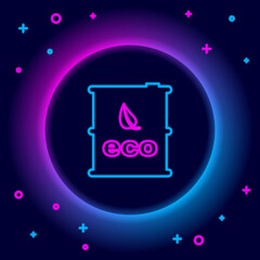 Glowing neon line Bio fuel barrel icon isolated on black background. Eco bio and canister. Green environment and recycle. Colorful outline concept. Vector