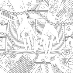 Flat lay of books, notes, flowers, botanic leaves with girl hands with tatoo. Coloring book page with doodle and zentangle elements for adult vector isolated line art.