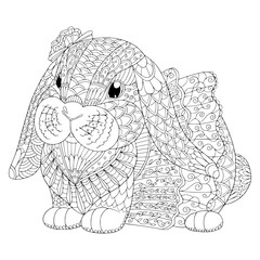 Fototapeta premium Baby girl rabbit in cute clothes coloring book page for adult isolated. Vector illustration of bunny with doodle and zentangle elements for meditation.