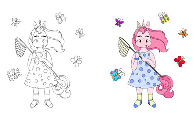 vector illustration of a unicorn with a net and butterflies, children's cute illustration for coloring book
