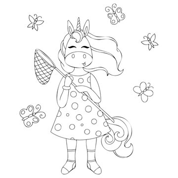 vector illustration of a unicorn with a net and butterflies, children's cute illustration for coloring book