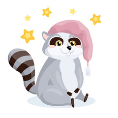 Funny cartoon raccoon in sleeping hat for children. Baby animal vector isolated illustration for sticker, print, poster, nurcery.