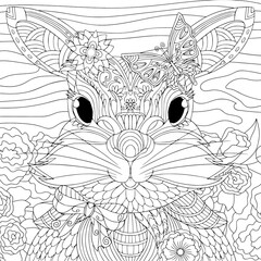Spring bunny girl portrait with flower, butterfly, bow in garden. Coloring book page for adult with doodle and zentangle elements. Vector outline hand drawing.