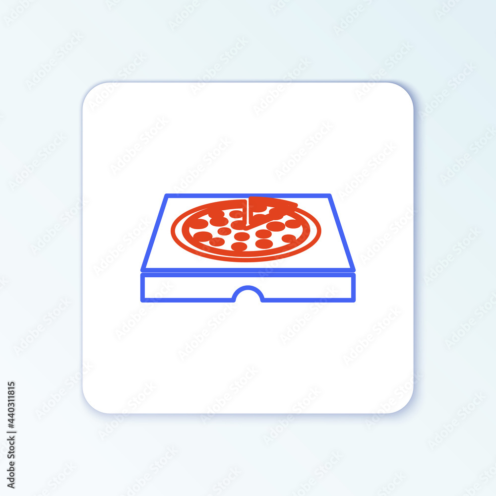 Poster line pizza in cardboard box icon isolated on white background. box with layout elements. colorful ou