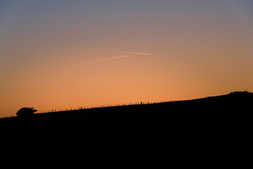 Airplanes fly into the distance at sunset creating vapour trails. A silhouette of a tree and fence on a hill in the distance. Alciston & Firle, East Sussex, South East England, UK