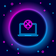 Glowing neon line Laptop with screwdriver and wrench icon isolated on black background. Adjusting, service, setting, maintenance, repair, fixing. Colorful outline concept. Vector