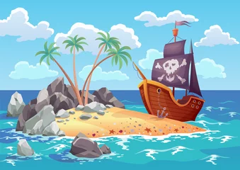 Acrylic prints Pirate ocean island in cartoon style with ship moored on the island. Palm trees on uninhabited sea island. Tropical landscape with sandy beach and tropical nature