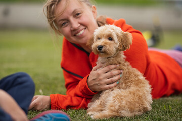 a blonde woman in a red sweater plays with a Maltipu dog