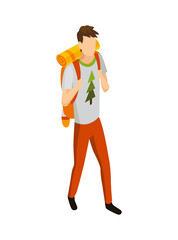 Isometric camping. Colored symbol of hiking. Icon with tool attributes or element of camp equipment. Man with mountain backpack isolated vector illustration