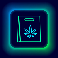 Glowing neon line Shopping paper bag of medical marijuana or cannabis leaf icon isolated on black background. Buying cannabis. Hemp symbol. Colorful outline concept. Vector