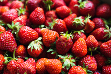 Strawberry top view background. Summer food pattern. Raw fresh farming berries. Healthy eating concept. Raw foodism.